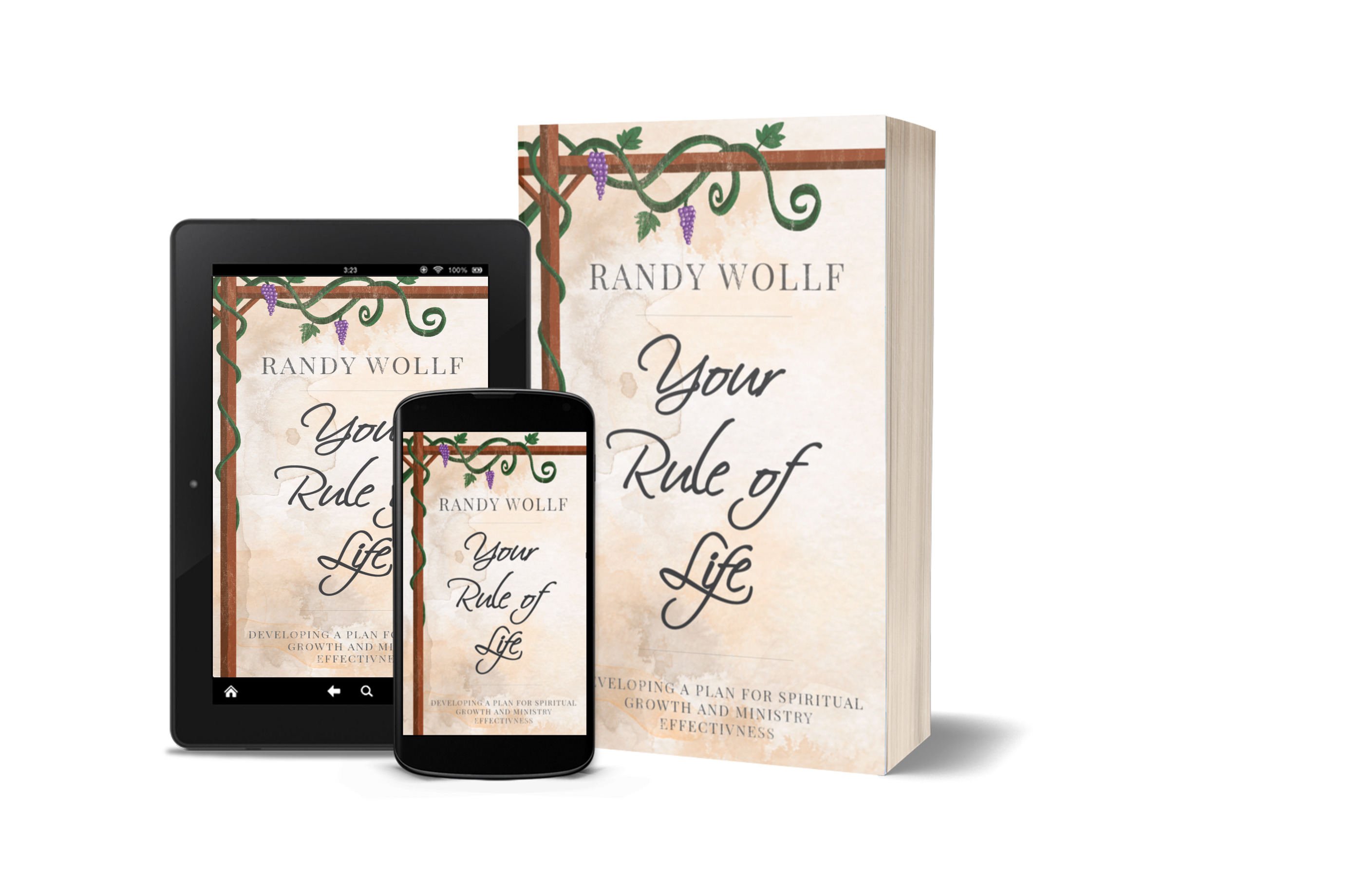 Shows the Your Rule of Life book in book format and on a phone and a tablet